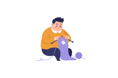 A man knitting a purple scarf with enthusiasm in a flat vect Product Image 1