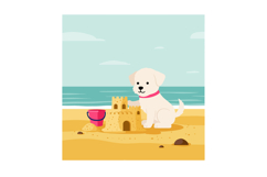 A playful puppy beside a sandcastle on a sunny beach in mini Product Image 1