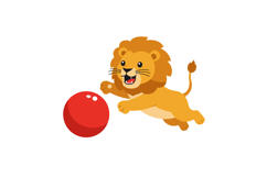Playful lion chasing a bright red ball in a cheerful flat ve Product Image 1