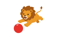 Playful lion chasing a bright red ball in a cheerful flat ve Product Image 1