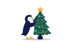 Cute penguin decorating a colorful Christmas tree in flat ve Product Image 1