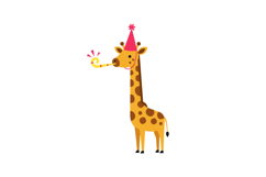 Cheerful giraffe wearing a party hat with a party horn in a Product Image 1