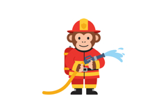 Playful monkey dressed as a firefighter spraying water in fl Product Image 1