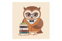 Owl wearing glasses and a bow tie beside stacked books in fl Product Image 1