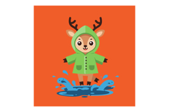 Cute cartoon deer wearing a green raincoat splashing in a pu Product Image 1