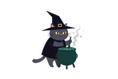 Black cat wearing a witch hat stirring a cauldron in flat ve Product Image 1