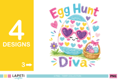 Egg Hunt Diva design with colorful hearts, flowers and patterned Easter eggs