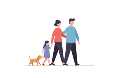 Family walking together with a dog in a minimal and colorful Product Image 1