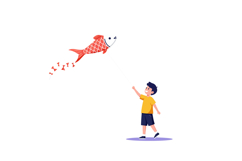A young boy reaching out to a flying koi fish in flat vector Product Image 1