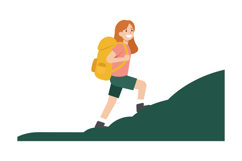 Young woman hiking on a green slope with a yellow backpack i Product Image 1