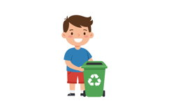 Happy boy holding a green recycling bin in a flat, colorful Product Image 1
