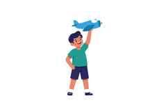 Happy boy holding a blue toy airplane in a playful, colorful Product Image 1