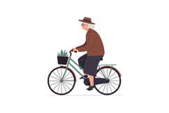 A senior woman riding a bicycle with a potted plant in a bas Product Image 1