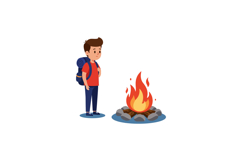 Young boy with backpack standing beside a campfire in a flat Product Image 1