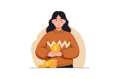 Young woman holding gold coins in a cozy sweater, flat vecto Product Image 1