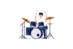 Young man energetically playing a drum set in flat vector ar Product Image 1