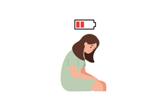 A tired woman sitting with a low battery icon above her head Product Image 1