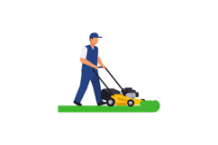 A man mowing a green lawn with a yellow lawnmower in flat ve Product Image 1