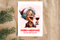 Christmas card design Funny elderly lady with wine glass PNG Product Image 3
