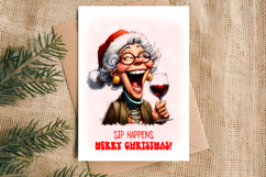 Christmas card design Funny elderly lady with wine glass PNG Product Image 5