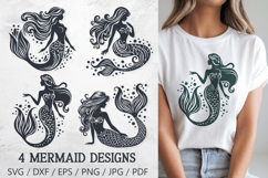 These Mermaid Silhouette SVG Cut Files feature 4 elegant and magical mermaid designs, perfect for ocean-themed crafts, summer apparel, kids&#039; room decor, and more. These designs are ideal for Cricut and Silhouette users creating vinyl decals, t-shirts, mug
