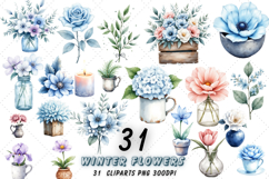 Winter Flower Clipart, Icy Blue Rose, Frosty White Hellebore, Muted Purple Crocus, Winter Green Pine, Dusty Rose Peony, Silver Gray Shadow, Frosted Lavender Sprig, Snowy White Camellia, Winter Candle Accent, Antique Silver Cup, Rustic Metal Pitcher, Crack