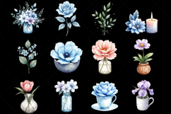 Winter Flower Clipart, Icy Blue Rose, Frosty White Hellebore, Muted Purple Crocus, Winter Green Pine, Dusty Rose Peony, Silver Gray Shadow, Frosted Lavender Sprig, Snowy White Camellia, Winter Candle Accent, Antique Silver Cup, Rustic Metal Pitcher, Crack