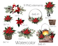 Red poinsettia flowers watercolor clipart. Sublimation PNG Product Image 2