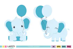 Happy standing elephant holding three blue balloons with its trunk
