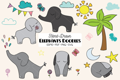 Color Hand Drawn Elephants, Jungle Animal, Sun, Flower, Tree Product Image 1