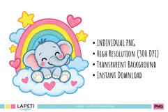Cute baby elephant nursery graphics with cheerful pastel colors, fluffy clouds, smiling stars and whimsical sky adventures.