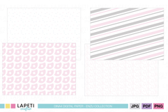 Cute digital paper preview with elephants, clouds, stars and baby girl themed seamless patterns in pastel pink.