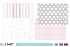 Pastel pink and grey digital paper preview with plaid, tiny hearts and triangle patterns for nursery crafts.