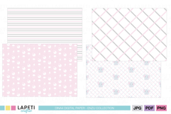Digital paper preview showing pastel pink elephant designs with stars, stripes, and hearts for baby girl crafts.