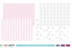 Digital paper preview with pink stripes, grey polka dots and elephant outline pattern for baby girl scrapbooking.