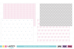 Pink and grey digital paper preview featuring stripes, plaid and polka dot patterns for baby shower projects.