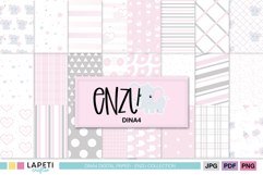 Preview image showing 16 pink elephant digital papers in soft pastel tones. Includes hearts, stars, stripes, polka dots, plaid, and elephant baby girl patterns, perfect for scrapbooking, baby shower crafts, and nursery decorations.