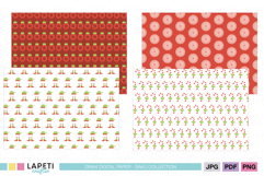Christmas digital papers with elf shoes, candy canes and ornaments in red and green festive colors.