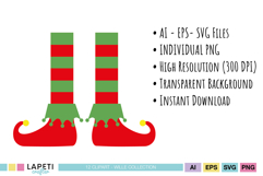 Elf costume clipart set with hats and shoes in bright colors