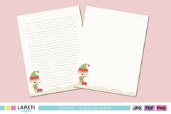 Christmas elf-themed writing paper for children to write letters to Santa or holiday notes.