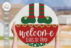 Welcome Elves At Play SVG Christmas Door Hanger SVG Product Image 1