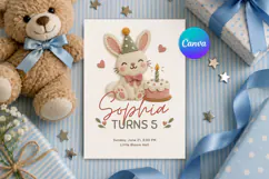 Bunny Birthday Invitation Template, Felt Texture Canva Product Image 1