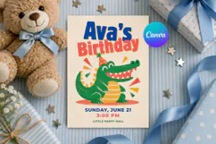 Crocodile Birthday Invitation Template, Retro Canva Invite Product Image 1