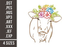 Cow Portrait with Flowers | Farm Embroidery Design Product Image 1