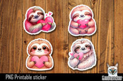 Sloth with heart Stickers Printable PNG. Product Image 1