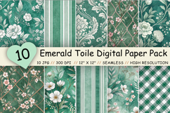 Emerald Toile Digital Paper Pack, Vintage Floral Toile, Gingham &amp; Stripe Seamless Patterns, Wedding, Scrapbooking &amp; Printable Crafts