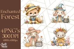 Woodland Witch Animals Clipart, Whimsical Halloween PNG Product Image 1