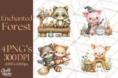 Woodland Witch Animals Clipart, Whimsical Halloween PNG Product Image 1