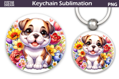 English Bulldog Round Keychain | Dog Floral Key Keychain Product Image 1
