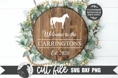 Horse themed welcome sign svg shown on a round wood sign